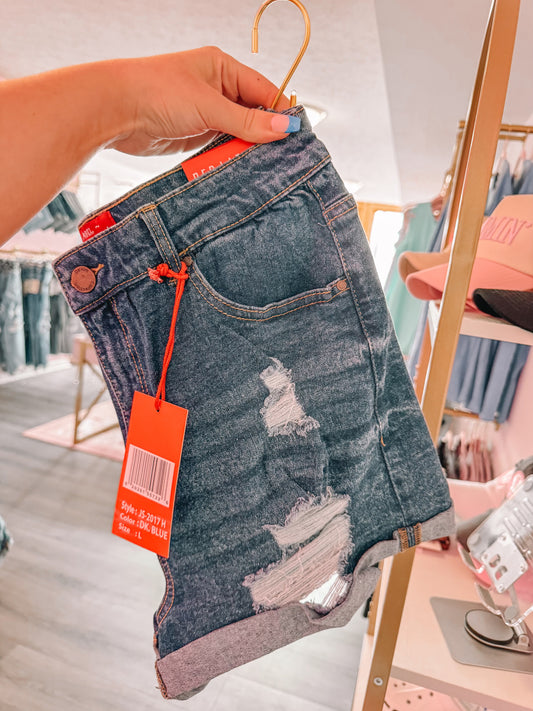 RTS DARK WASH SUPER STRETCH DENIM WITH DISTRESSING